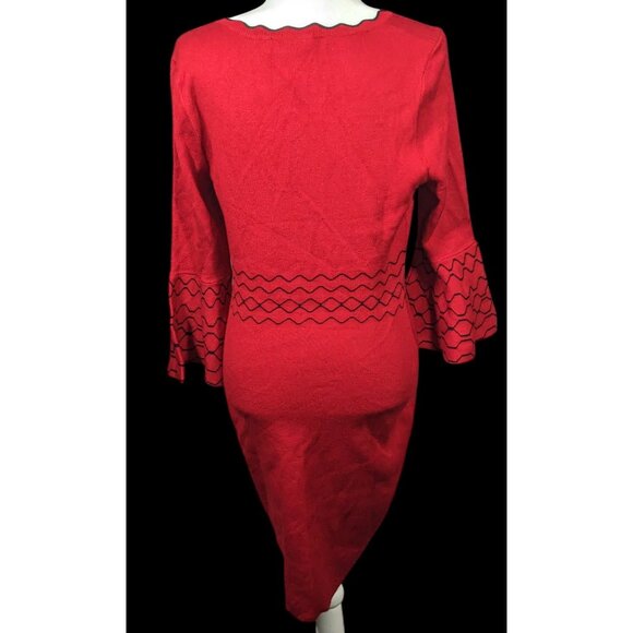 Nina Leonard Black And Red Jacquard Bell Sleeve Sweater Dress - Picture 3 of 7